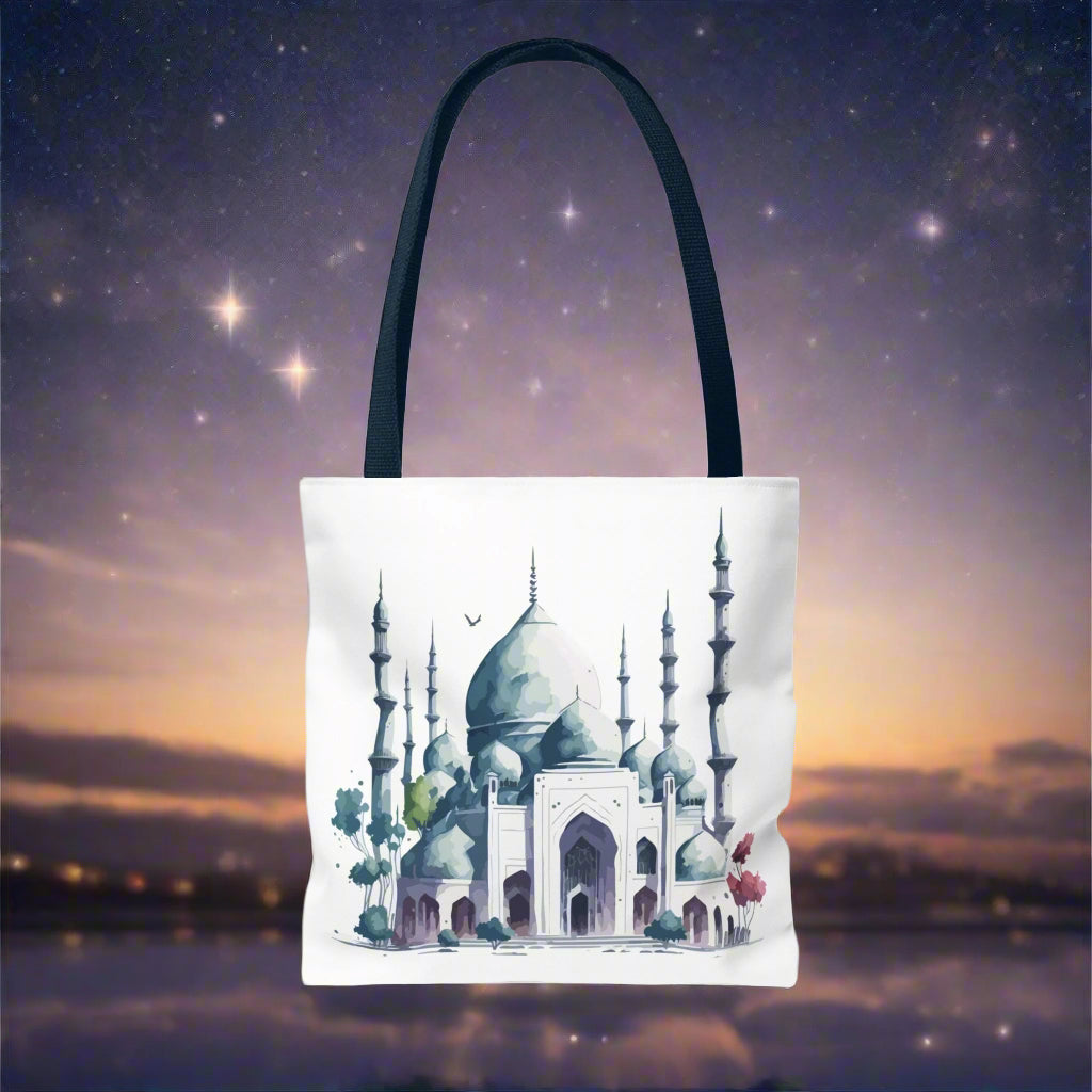 Watercolour Masjid Tote Bag - Artistic Shopping Bag for Travelers and Art Lovers